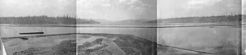 Three part panorama of the upper part of Oyster Bay after completion of dikes, probably between 1920 and 1929 (INDOCC 1815)