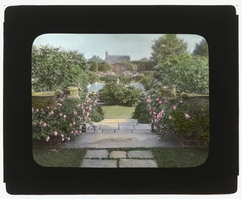 Planting Fields William Robertson Coe house, 1395 Planting Fields Road, Oyster Bay, New York. View to Blue Pool Garden and tea house